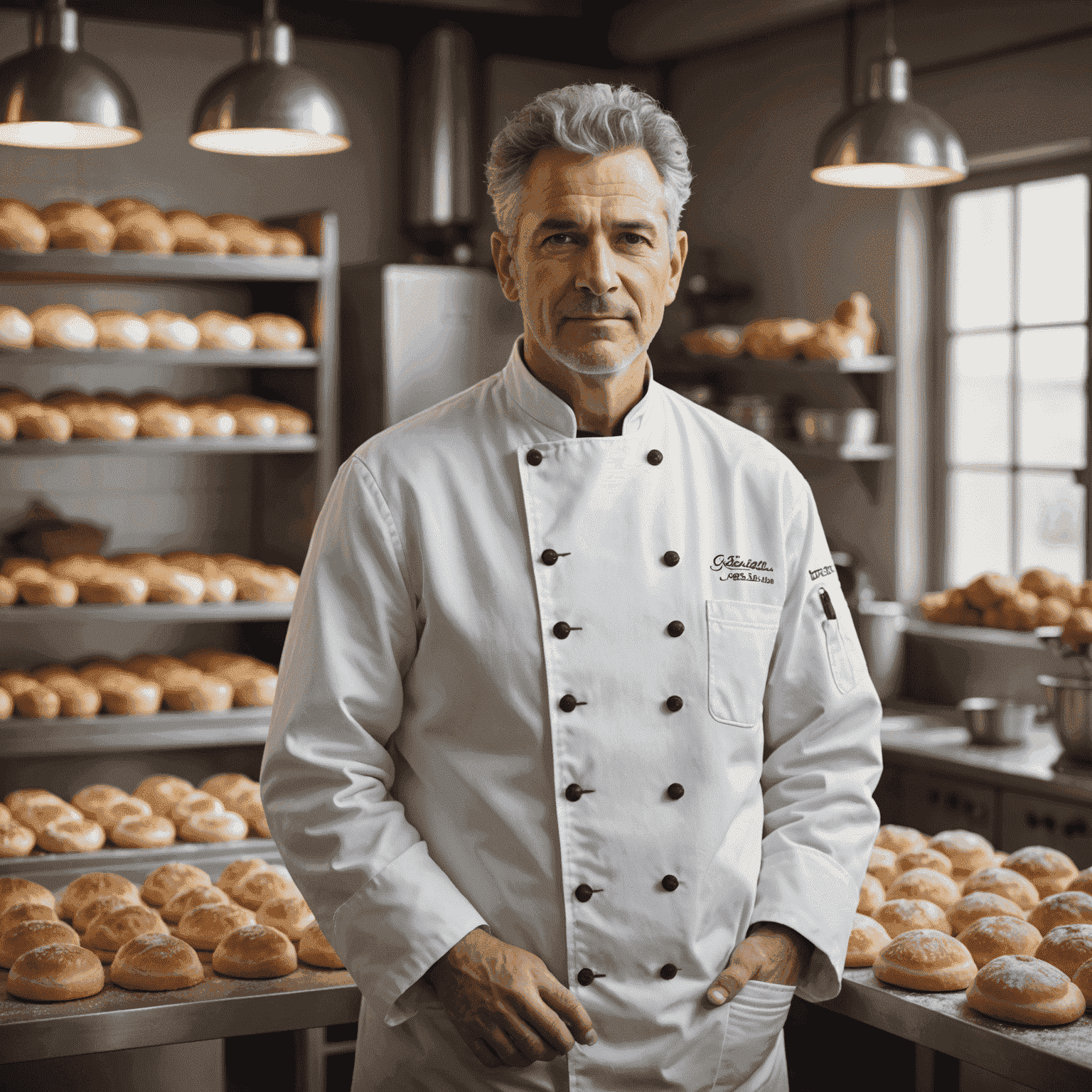 Portrait of Master Baker John Bonaro, a middle-aged man with salt-and-pepper hair wearing a white chef's coat, standing confidently in a professional bakery kitchen