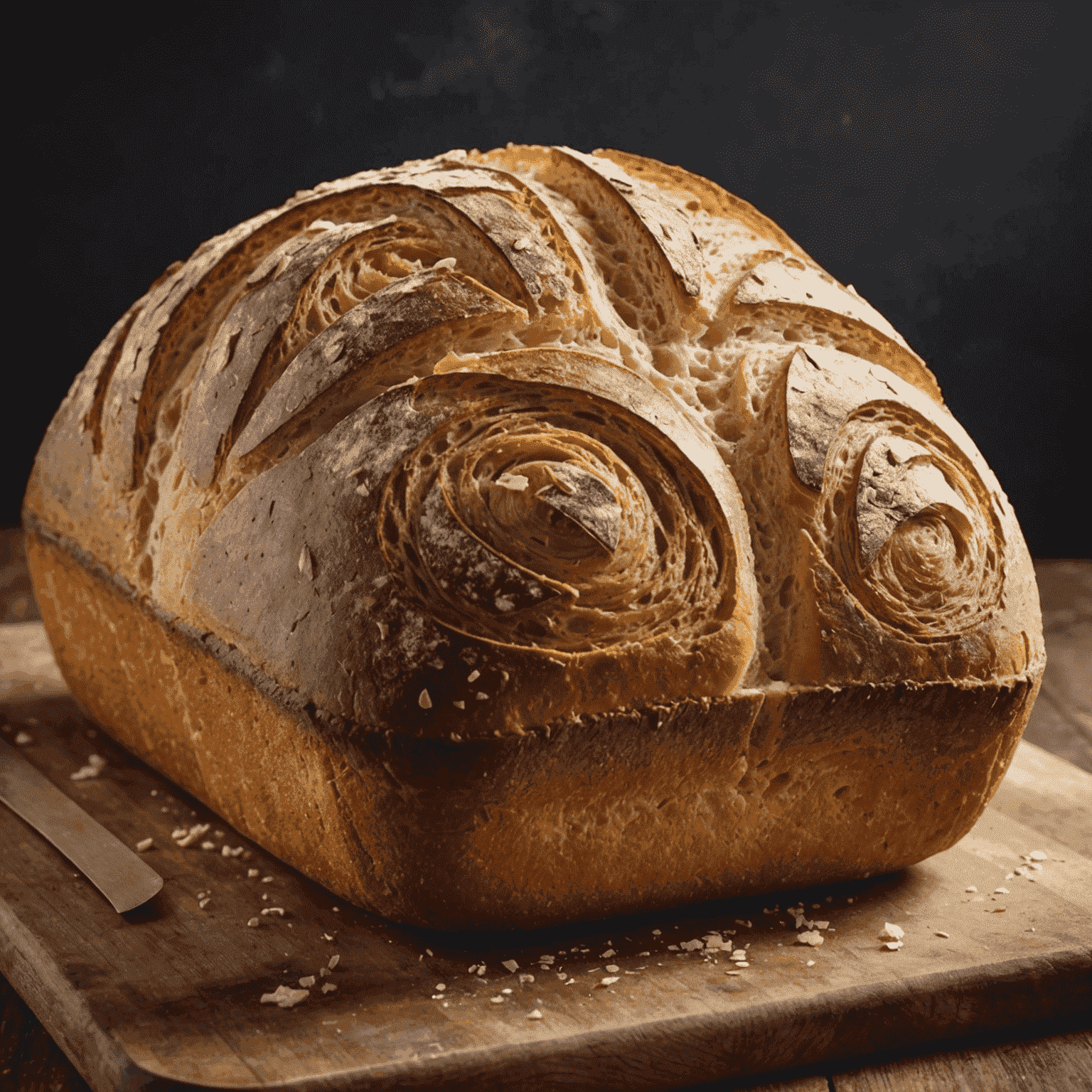 A perfectly baked sourdough loaf with a golden, crusty exterior and visible air pockets in the slice