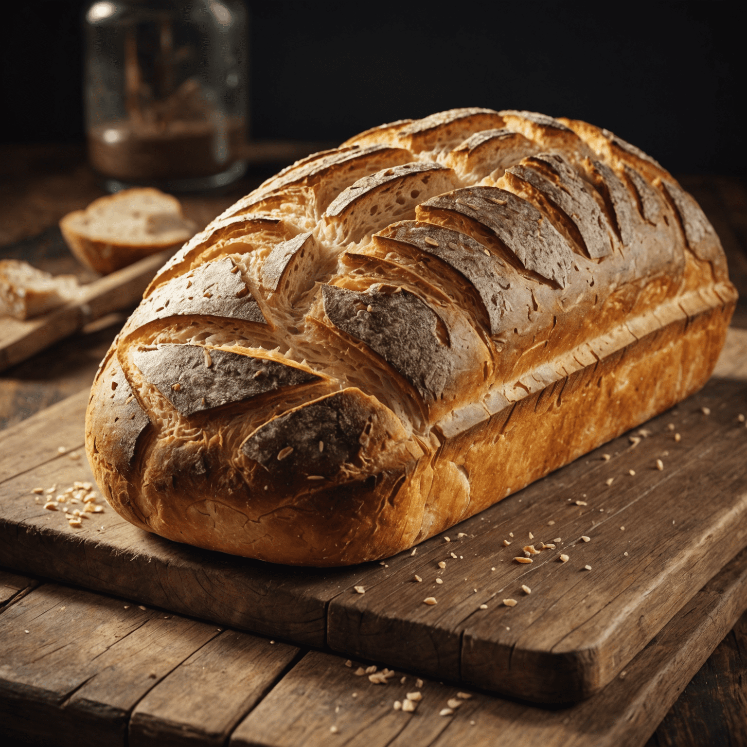 A beautifully baked sourdough loaf with a golden, crusty exterior and visible air pockets in the slice, sitting on a rustic wooden board