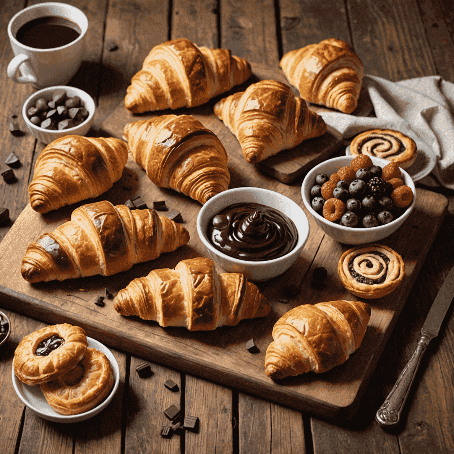 A selection of freshly baked artisanal pastries including golden croissants, fruit-filled Danish pastries, and chocolate-drizzled pain au chocolat arranged on a rustic wooden board