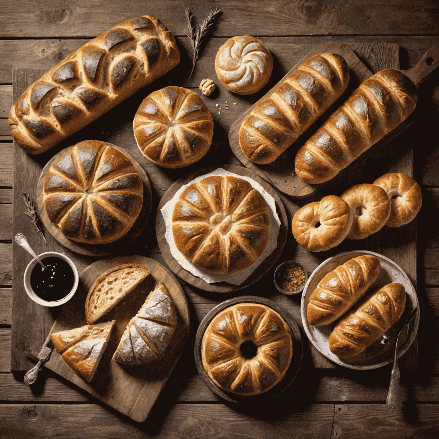 A variety of gluten-free breads and pastries arranged on a rustic wooden table, showcasing different textures and colors