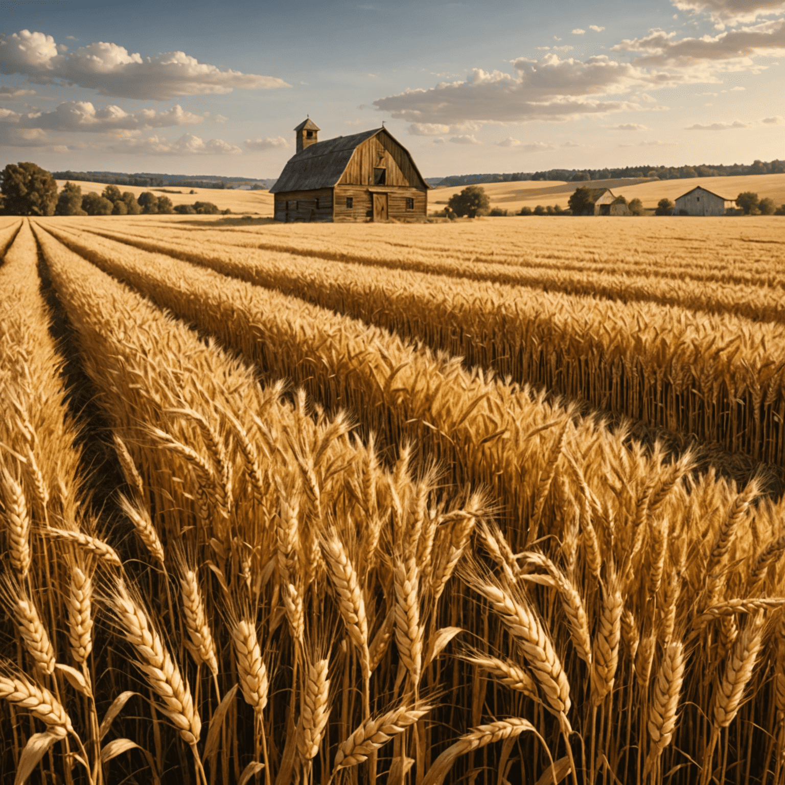 A field of golden wheat with a rustic bakery in the background, symbolizing the journey from grain to loaf