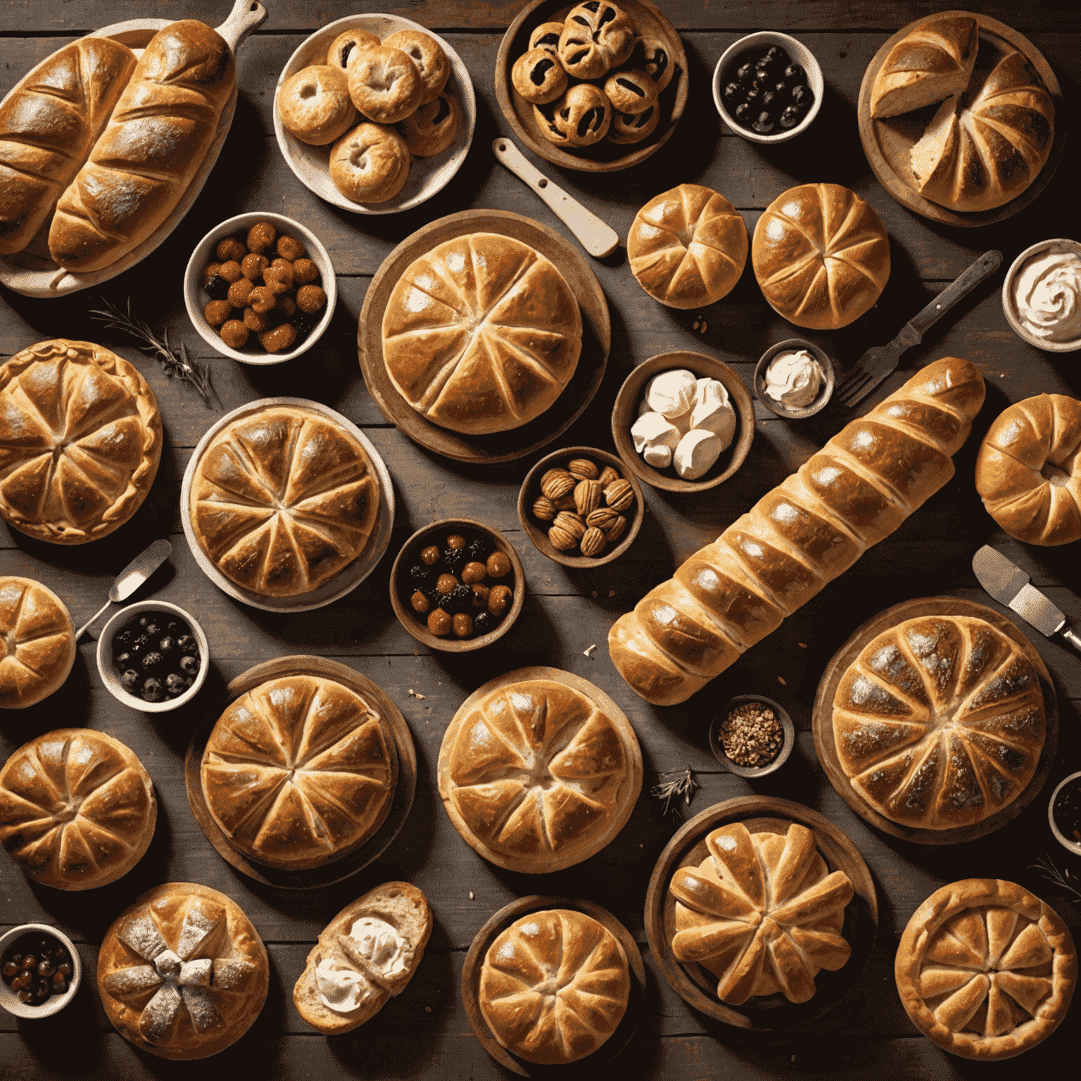 A rustic wooden table with an assortment of seasonal baked goods including breads, pies, and pastries. Each item showcases ingredients typical of different seasons.