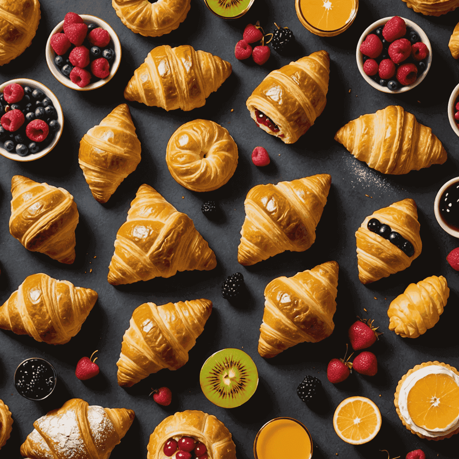 An assortment of beautifully crafted pastries including golden croissants and fruit-filled Danish pastries