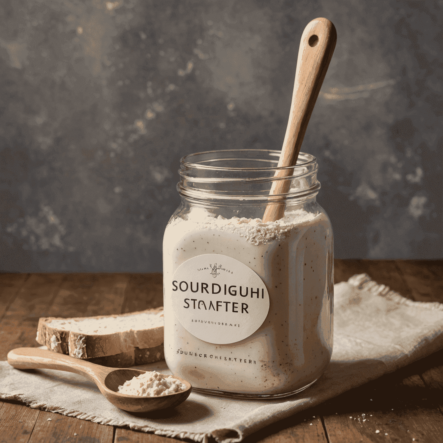 A glass jar containing bubbly sourdough starter with a wooden spoon resting beside it