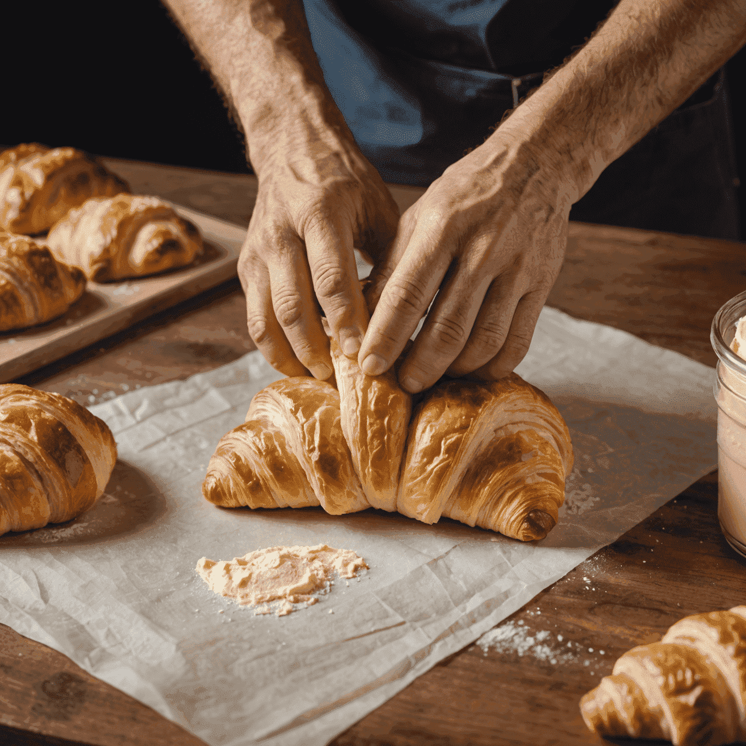 A baker's hands folding croissant dough, showing the layers of butter and dough in the process of lamination