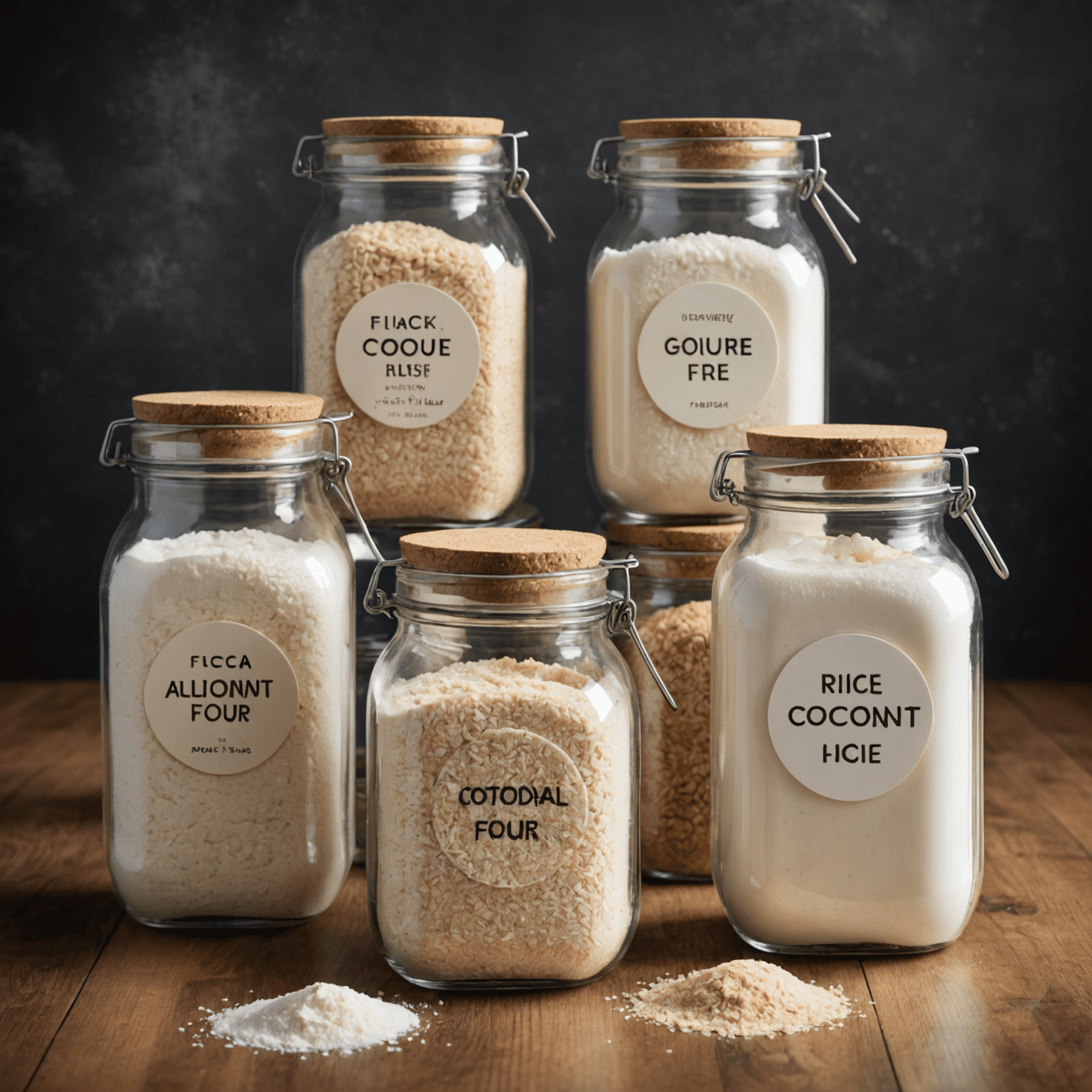 Various gluten-free flours in labeled glass jars, including rice flour, almond flour, coconut flour, and tapioca flour