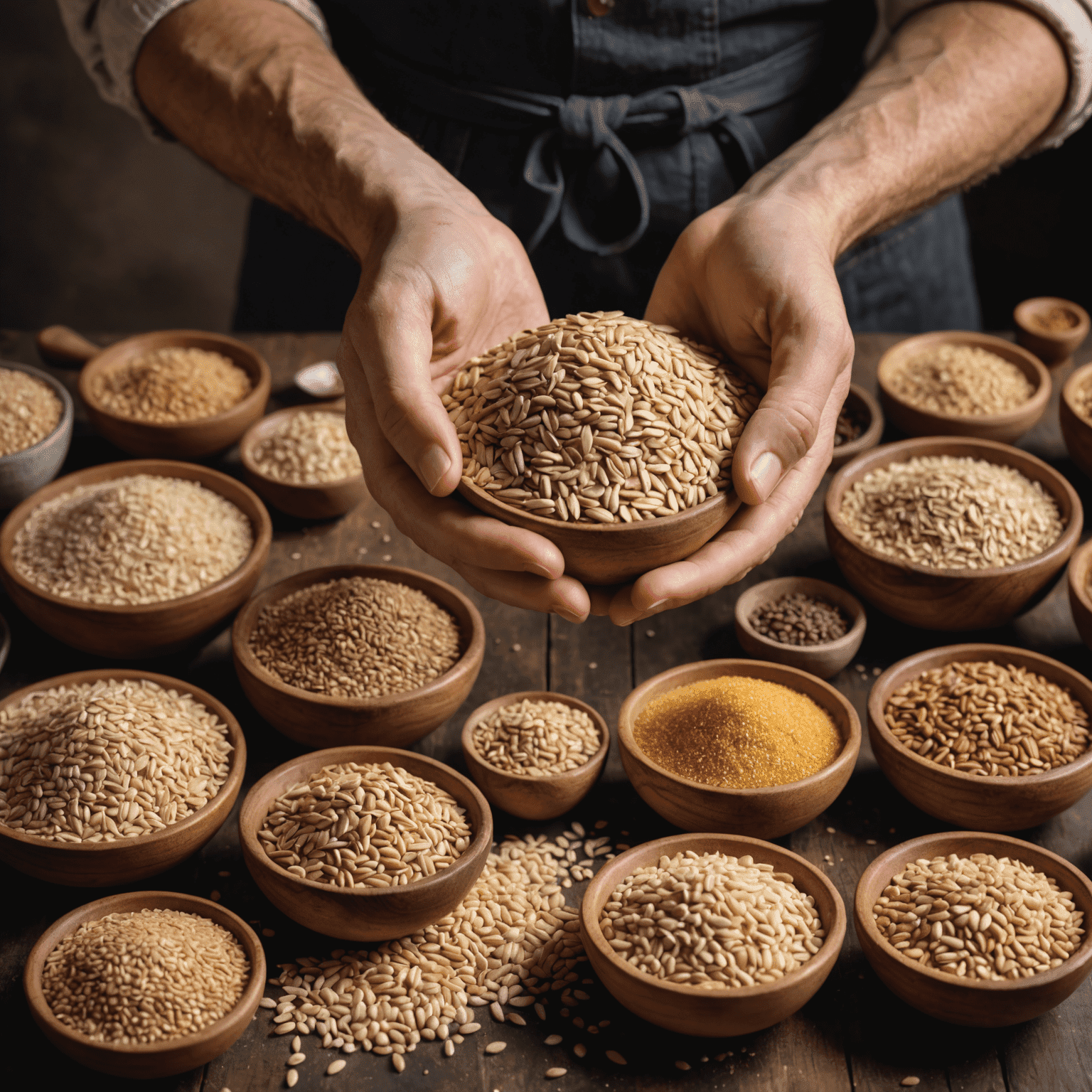 A baker's hands sifting through various types of whole grains, showcasing the selection process