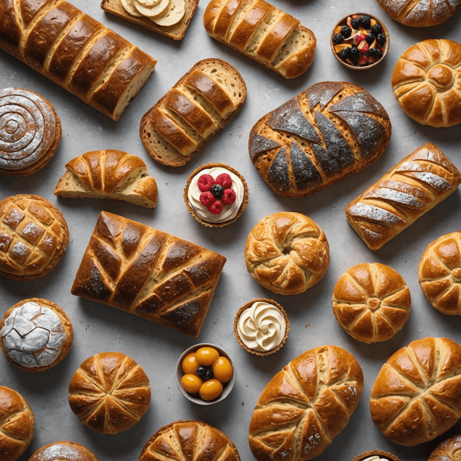 A variety of gluten-free breads and pastries, showcasing different textures and ingredients