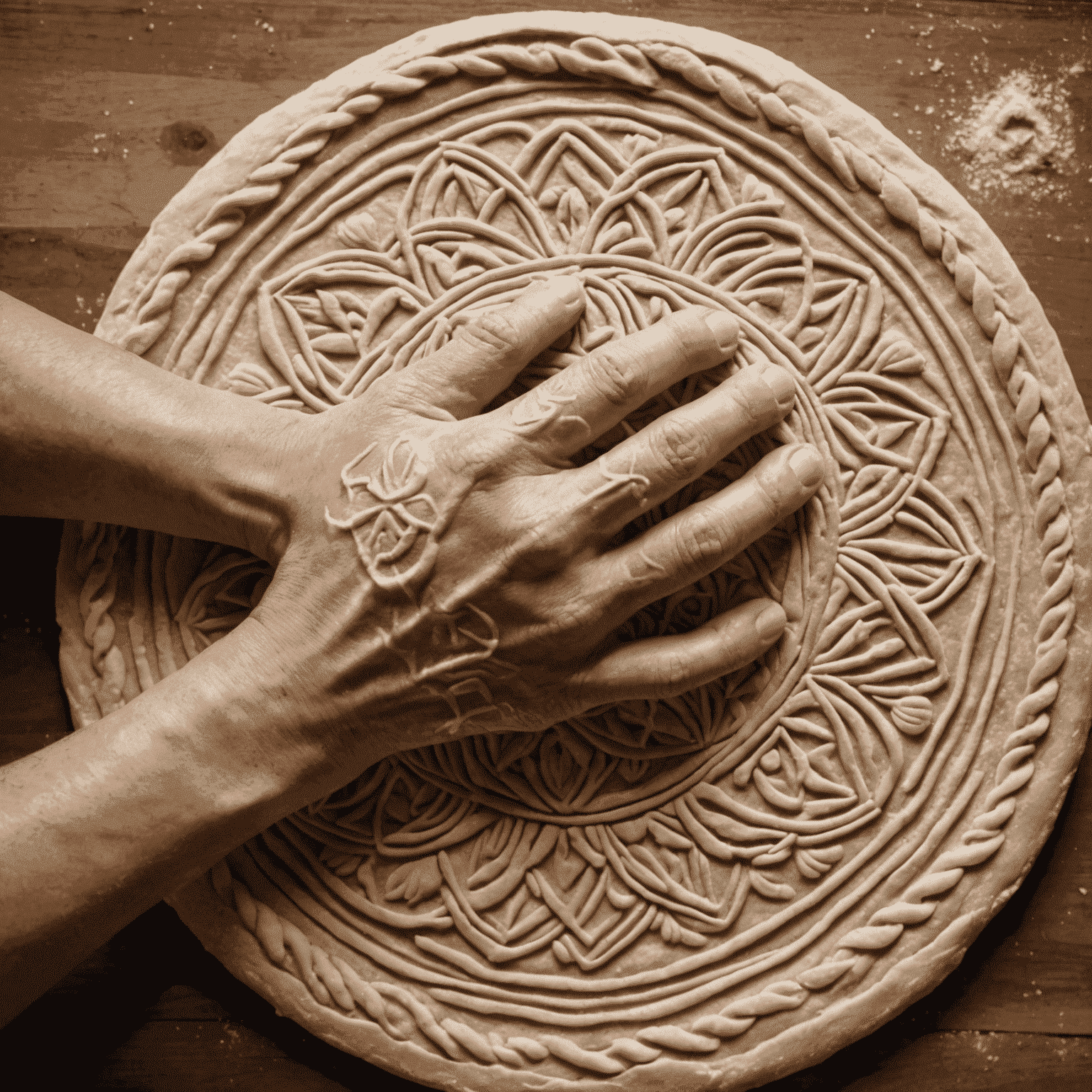 A hand scoring a round of sourdough dough with a lame, creating an intricate pattern on the surface