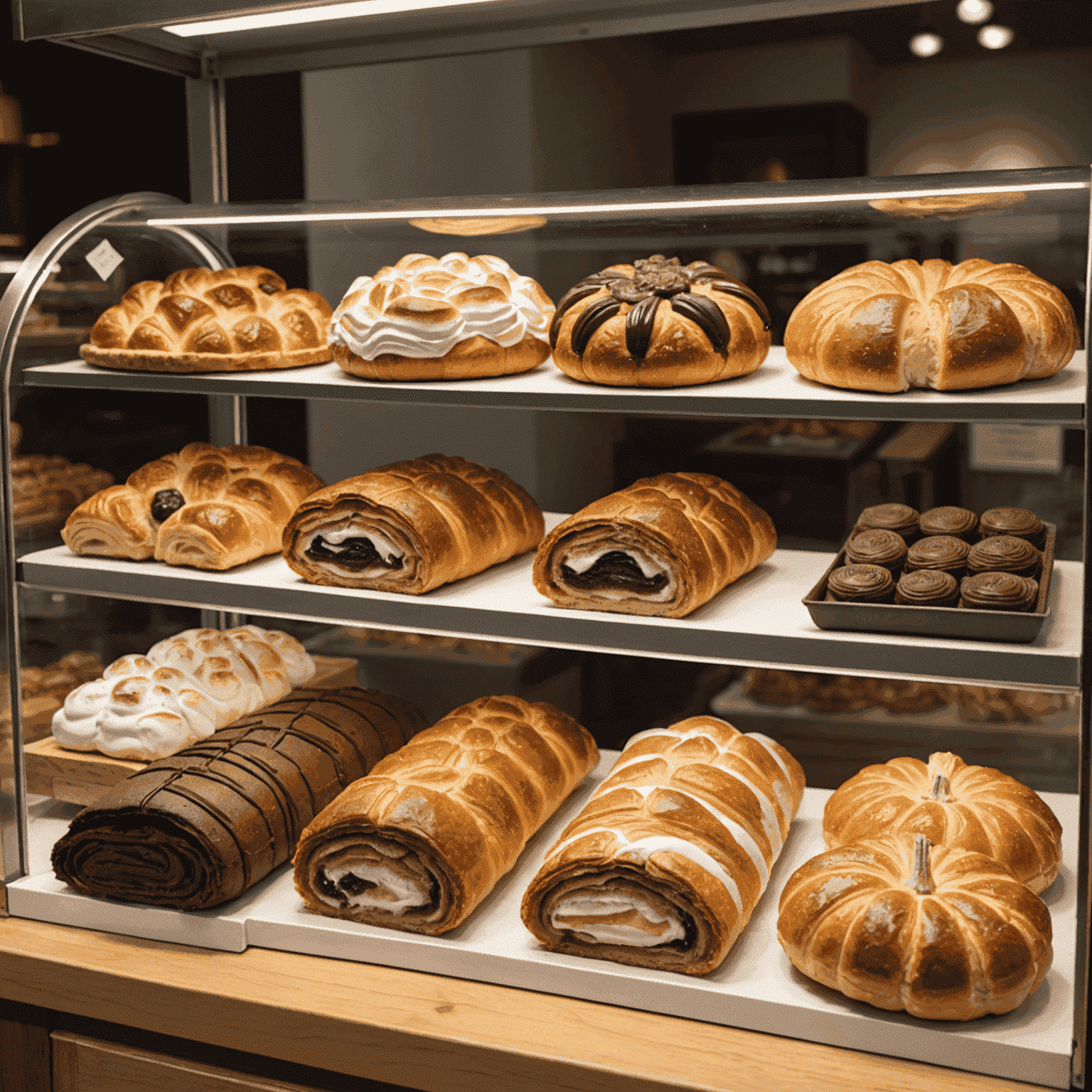 A variety of American-inspired pastries including a s'mores croissant, apple pie Danish, and a pumpkin spice pain au chocolat displayed in a bakery case