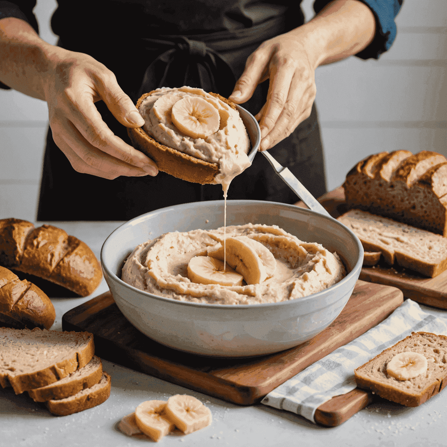 A baker adding mashed banana to a bowl of gluten-free bread dough, demonstrating the importance of moisture in gluten-free baking