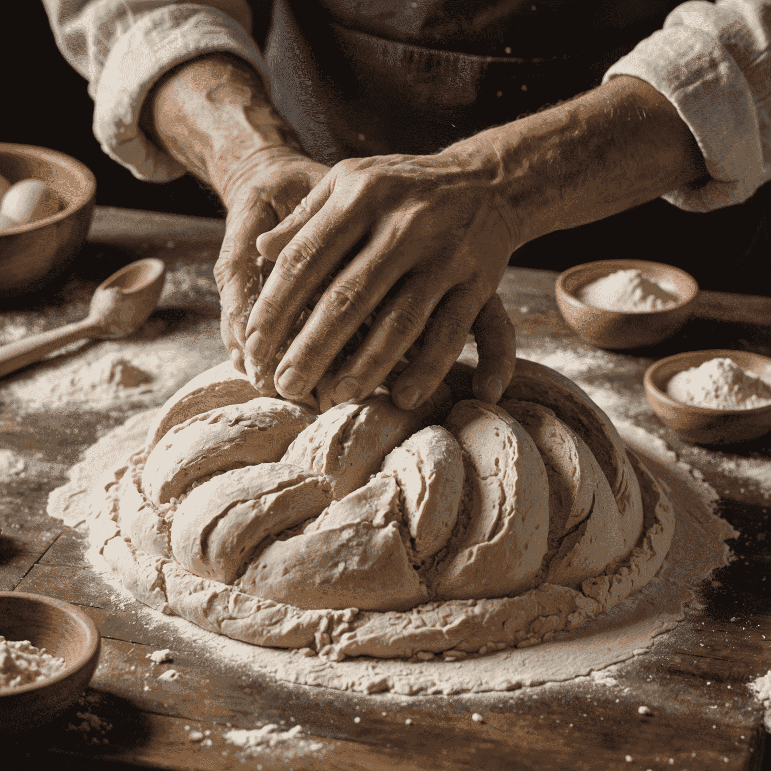 A baker's hands kneading dough on a floured wooden surface, showcasing the artisanal process