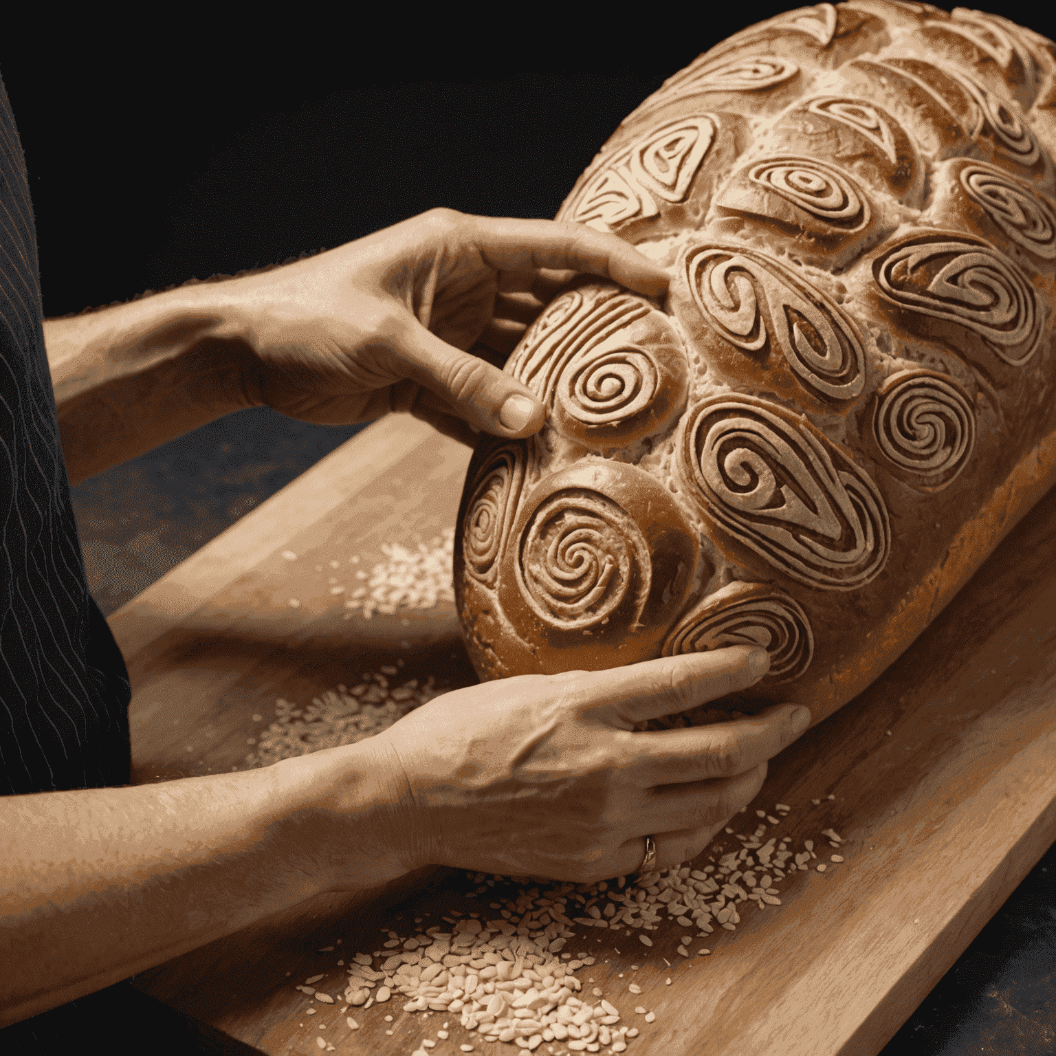 A baker scoring intricate patterns on a proofed loaf of bread before baking