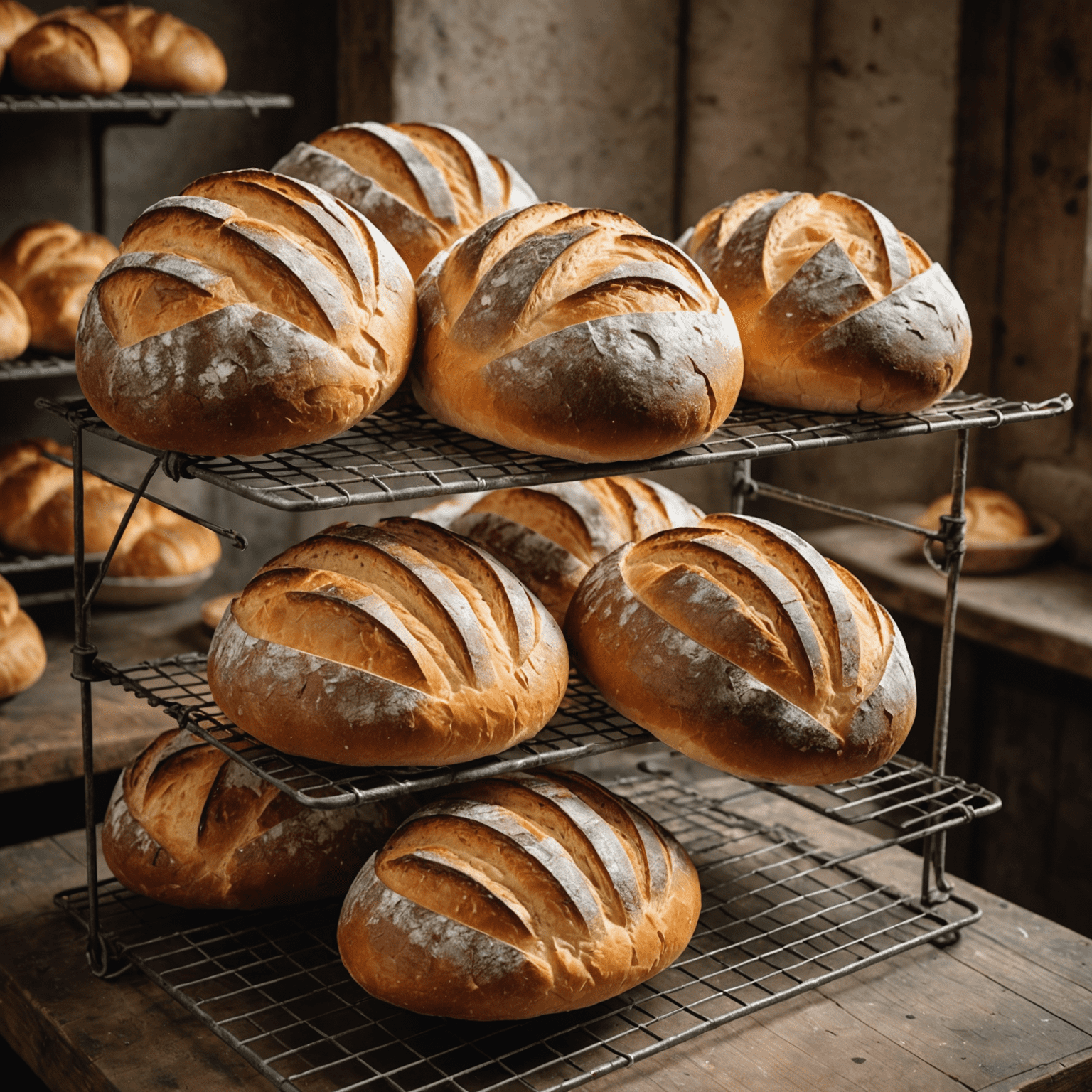 Freshly baked artisanal bread loaves cooling on wire racks in a rustic bakery setting